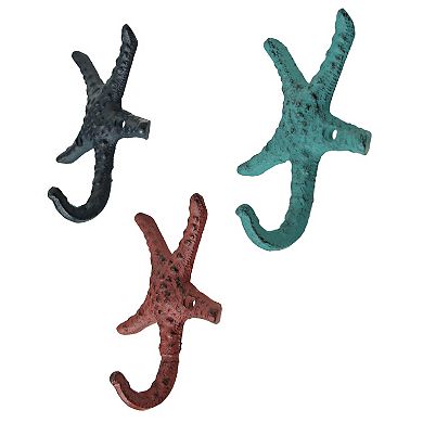 Set of 3 Cast Iron Coral Starfish Decorative Wall Hooks Hangers 4 Inches