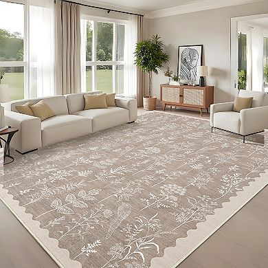 Floral Machine Washable Rug Ultra-Thin Stain Resistant Low Pile Carpet