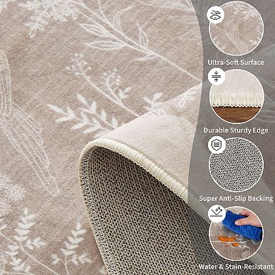 Floral Machine Washable Rug Ultra-Thin Stain Resistant Low Pile Carpet
