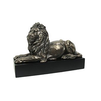 Metallic Bronze Finish Lion Lying on Plinth Tabletop Statue 8.75 in Long