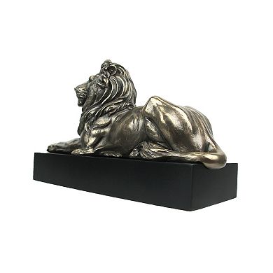 Metallic Bronze Finish Lion Lying on Plinth Tabletop Statue 8.75 Inches Long