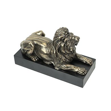 Metallic Bronze Finish Lion Lying on Plinth Tabletop Statue 8.75 Inches Long