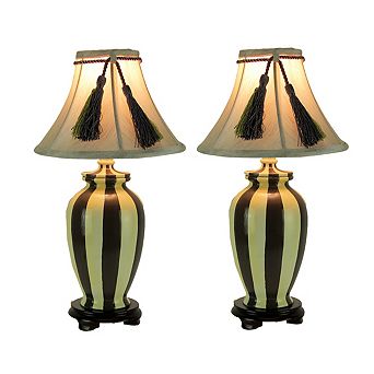 Vertical Striped Small Ceramic Table Lamp with Tassel Shade Set of 2