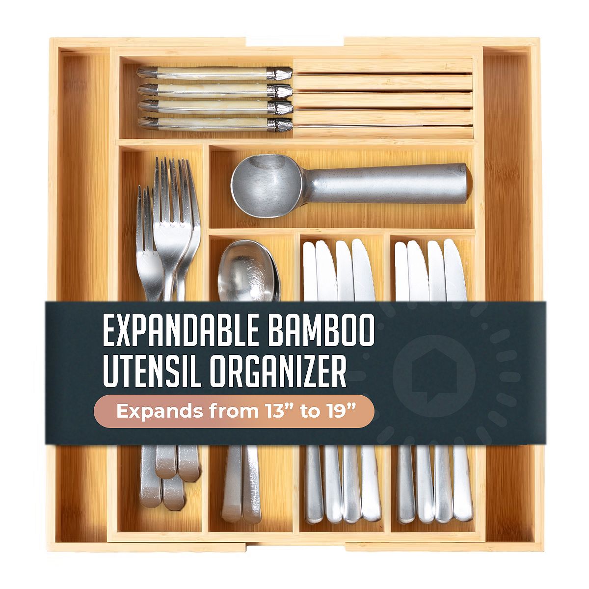 Expandable Bamboo Utensil Drawer Organizer, Wooden Utensil Tray, Nonslip, Cutlery Divider