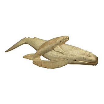 Beautiful Carved Teak Wood Humpback Whale and Baby Tabletop Statue 20 Inch
