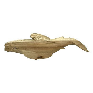 Beautiful Carved Teak Wood Humpback Whale and Baby Tabletop Statue 20 Inch
