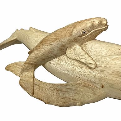 Beautiful Carved Teak Wood Humpback Whale and Baby Tabletop Statue 20 Inch