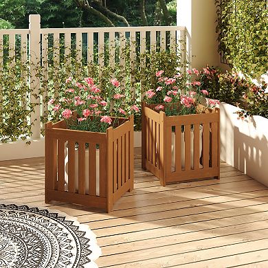 Furinno 2-Pack Outdoor Planter Stand Flower Box, Solid Meranti Hardwood with Teak-Oil Finish