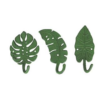 Set of 3 Cast Iron Green Tropical Leaf Decorative Wall Hooks Towel Hanger Rack
