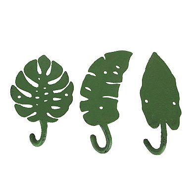 Set of 3 Cast Iron Green Tropical Leaf Decorative Wall Hooks Towel Hanger Rack
