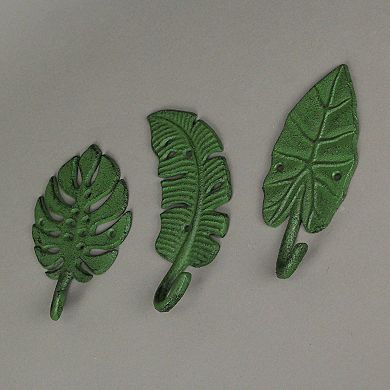 Set of 3 Cast Iron Green Tropical Leaf Decorative Wall Hooks Towel Hanger Rack