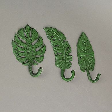 Set of 3 Cast Iron Green Tropical Leaf Decorative Wall Hooks Towel Hanger Rack