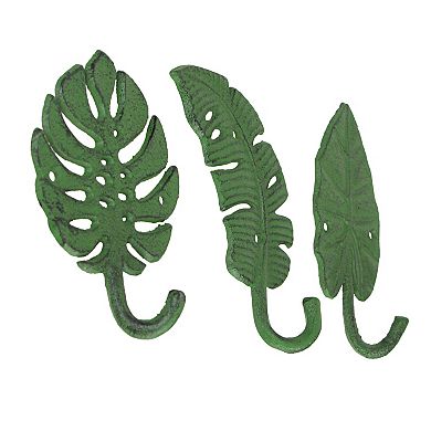 Set of 3 Cast Iron Green Tropical Leaf Decorative Wall Hooks Towel Hanger Rack