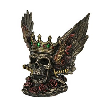 Bronze Finish Screaming Monarch Skull Statue With Flames and Wings 5.75 Inch