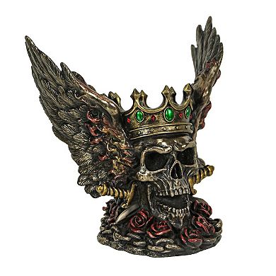 Bronze Finish Screaming Monarch Skull Statue With Flames and Wings 5.75 Inch