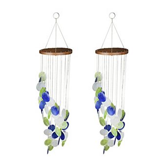 Set of 2 Blue Green and White Capiz Shell Wind Chime 29 in Long