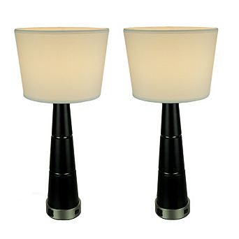 Modern Black Tapered Table Lamp With Power Outlets Set of 2