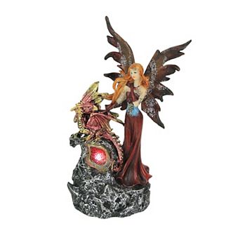 Ruby Red Fairy And Dragon LED Lighted Geode Statue