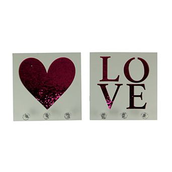 White Wood Pink Sequins Heart and Love Wall Hook Plaques 2 pc Set