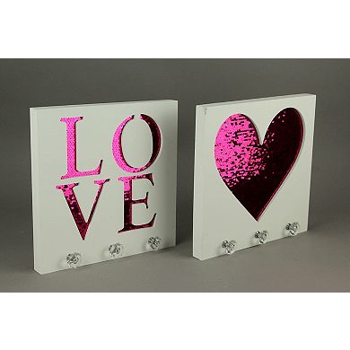 White Wood Pink Sequins Heart and Love Wall Hook Plaques 2 Piece Set