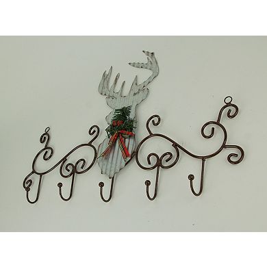 Metal Art Scroll Rustic Deer with Pine and Bow Wall Hook Rack