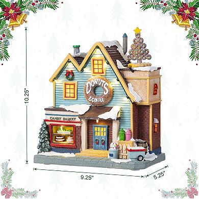 Glitzhome 10.25"H Donuts & Coffee Shop Resin Village, Enchanting Lighted Christmas Table Decor
