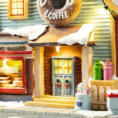 Glitzhome 10.25"H Donuts & Coffee Shop Resin Village, Enchanting Lighted Christmas Table Decor