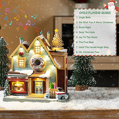 Glitzhome 10.25"H Donuts & Coffee Shop Resin Village, Enchanting Lighted Christmas Table Decor