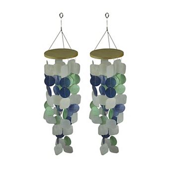 Blue Green and White Capiz Shell Wind Chime for Garden Patio Yard Set of 2