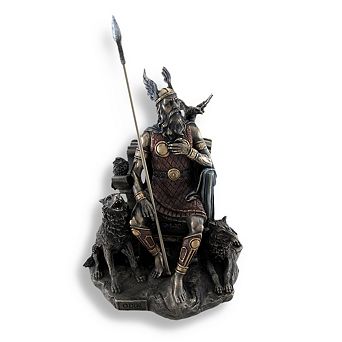 Bronzed Norse God Odin on Throne with Ravens and Wolves Statue