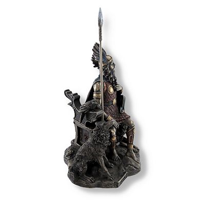 Bronzed Norse God Odin on Throne with Ravens and Wolves Statue