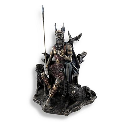 Bronzed Norse God Odin on Throne with Ravens and Wolves Statue
