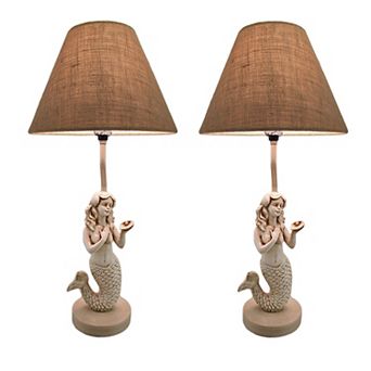 Beige Antique Stone Finish Mermaid Table Lamp with Burlap Shade Set of 2