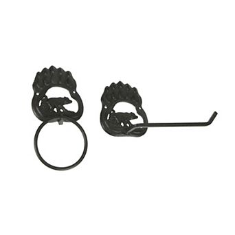 Rustic Cast Iron Black Bear Paw Towel Ring and Holder Set