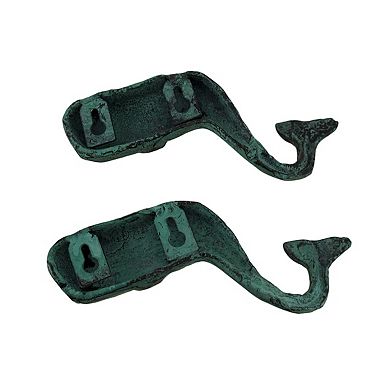 Set of 2 Verdigris Finish Sperm Whale Cast Iron Wall Hooks
