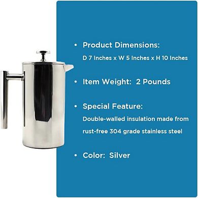 32oz Double-Wall 304 Stainless Steel French Press Rust-Free, Durable & Granule Free Brewer