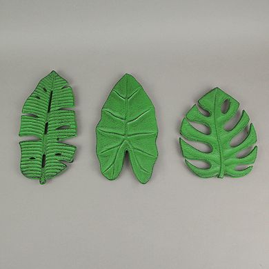 Set of 3 Aged Green Cast Iron Tropical Leaf Kitchen Trivets / Wall Hangings