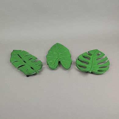 Set of 3 Aged Green Cast Iron Tropical Leaf Kitchen Trivets / Wall Hangings