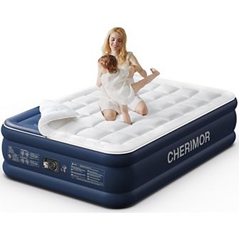 Queen Air Mattress Pump & Quilted Topper, 20" High, 800 lb Support, Fast Inflate for Guests