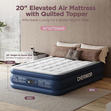 Cherimor, Queen Air Mattres, Quilted Topper, 20"H, Built-in Pump, Leak-Tested, 800 lb Support