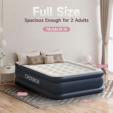 Cherimor, Full Size Air Mattress, 18"H, Built-in Pump, Leak-Tested, Fast Inflate, 600 lb Capacity