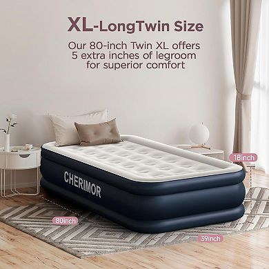 Cherimor, Twin XL Air Mattress, 18" High, Built-in pump, Leak-Tested, 2-Min Inflate, 500 lb Support