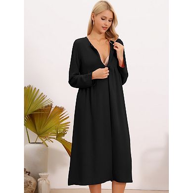Women's Nursing Breastfeeding Dress Zip Front Tiered Long Sleeve Maxi Round Neck Pleated Maternity