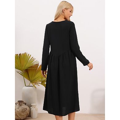 Women's Nursing Breastfeeding Dress Zip Front Tiered Long Sleeve Maxi Round Neck Pleated Maternity