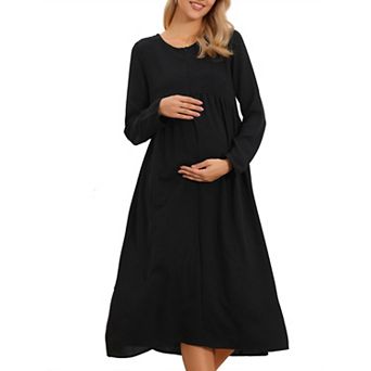 Women's Nursing Breastfeeding Dress Zip Front Tiered Long Sleeve Maxi Round Neck Pleated Maternity