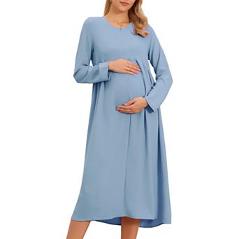 Women's Nursing Breastfeeding Dress Zip Front Tiered Long Sleeve Maxi Round Neck Pleated Maternity