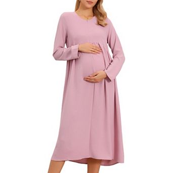Women's Nursing Breastfeeding Dress Zip Front Tiered Long Sleeve Maxi Round Neck Pleated Maternity