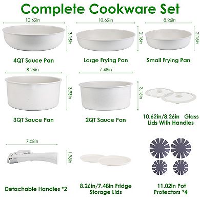 17-Piece Nonstick Cookware Set Pots & Pans with Detachable Handles, Oven Safe
