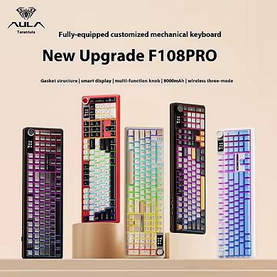AULA F108 Pro, 104-Key Wireless Hot Swappable Mechanical Gaming Keyboard, RGB, Knob, Digital Screen