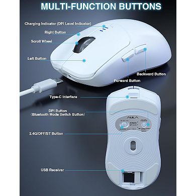 AULA SC580 Wireless Gaming Mouse, 12000 DPI, Tri-Mode, 6 Buttons, Rechargeable, Ergonomic, White